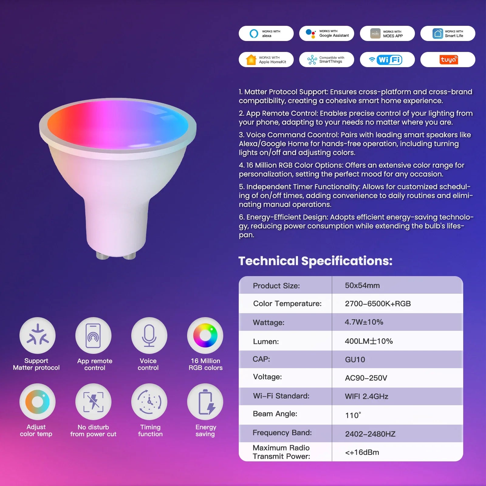 لمبة ذكية WiFi Matter RGB بتحكم صوتي - متوافقة مع Alexa وGoogle Home