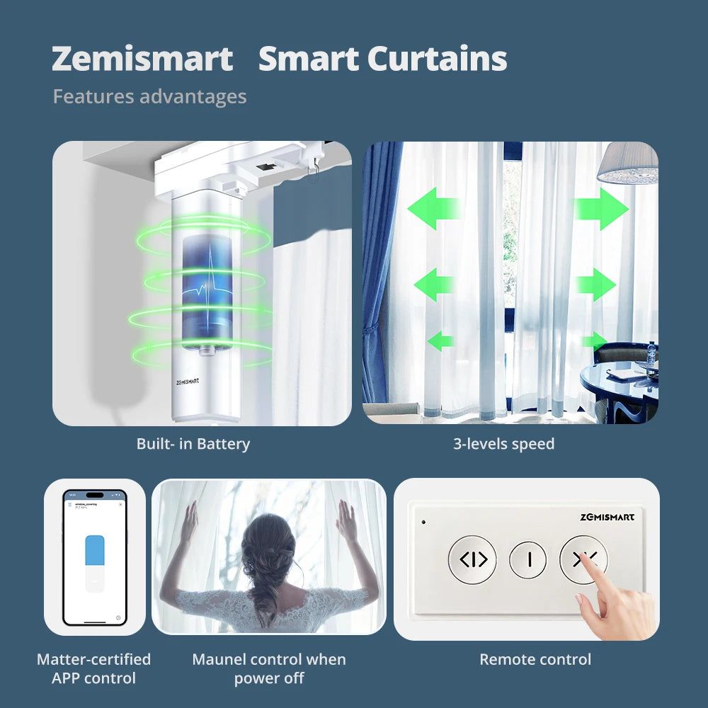 محرك ستائر ذكي Zemismart بدون سير يدعم Matter over Thread  تحكم صوتي وتلقائي