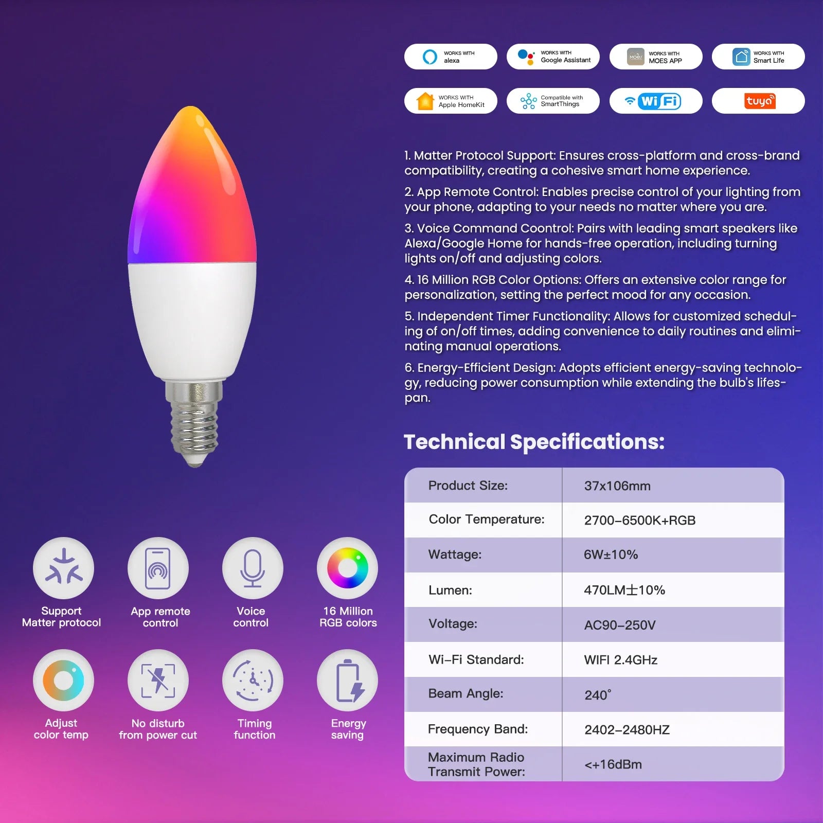 لمبة ذكية WiFi Matter RGB بتحكم صوتي - متوافقة مع Alexa وGoogle Home